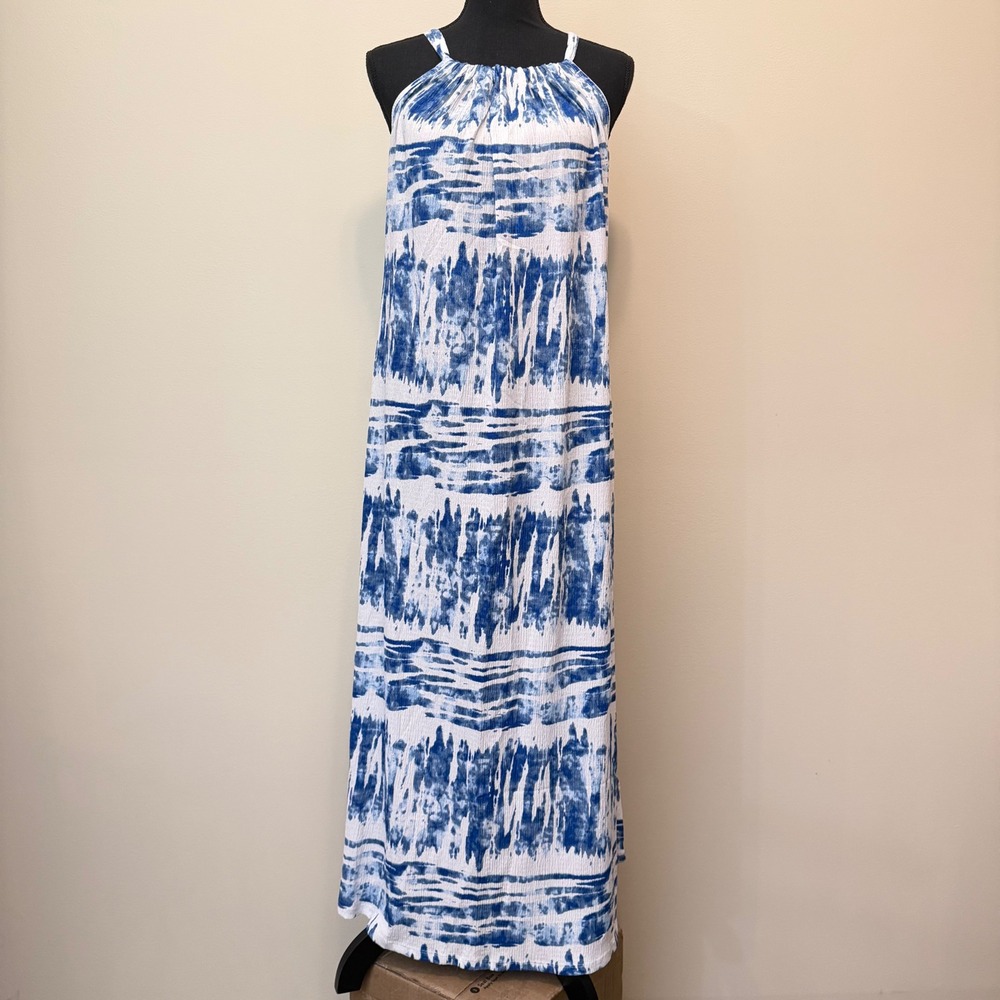 NEW LuLaRoe Sandy Maxi Dress Womens XL Blue White Tie Dye Halter Coastal Resort